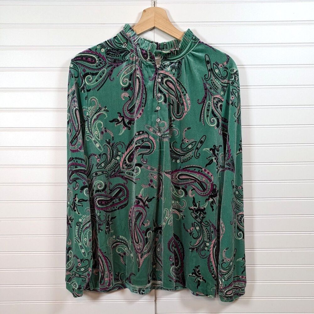 Charter Club Blouse Womens XL Velvet Paisley Kelley Green Rhinestone Button
